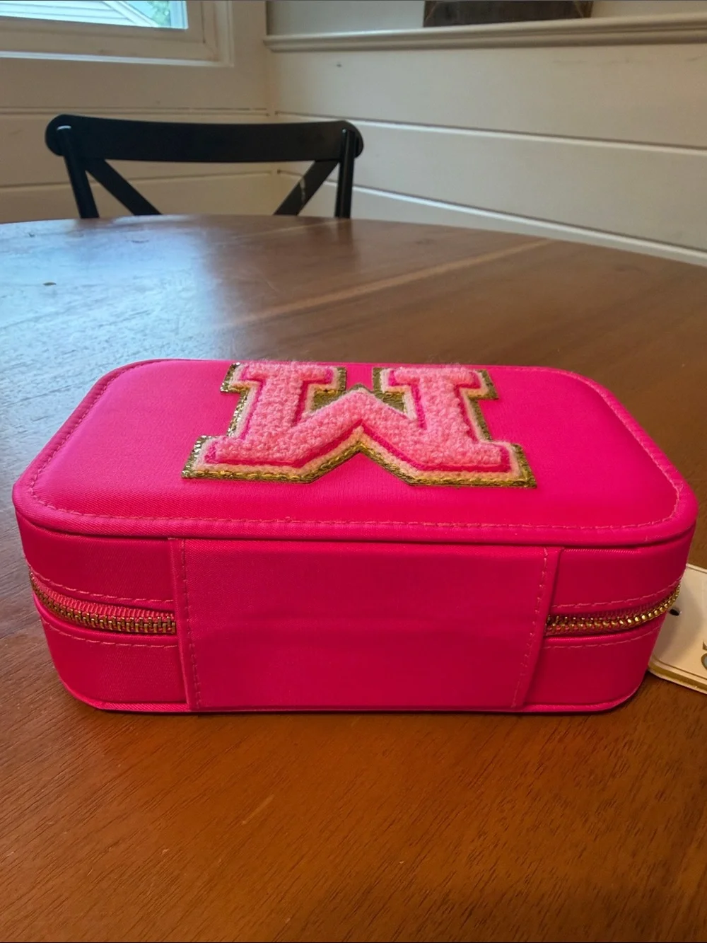 Hot Pink Patch Monogram jewelry case with Sparkle M